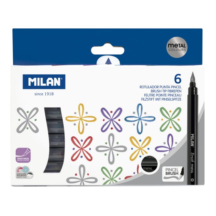 Caja 6 rotuladores punta pincel colores metalizados • MILAN