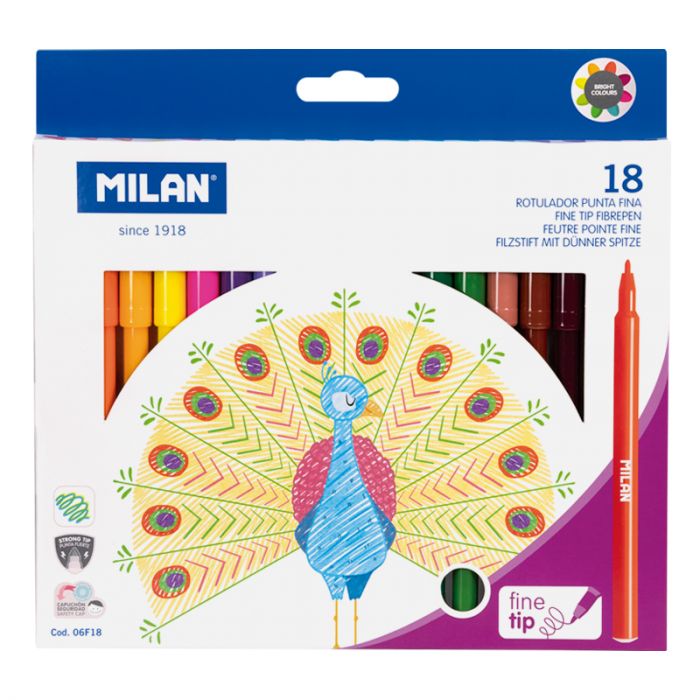 Caja 18 rotuladores punta fina (longitud 154 mm) • MILAN