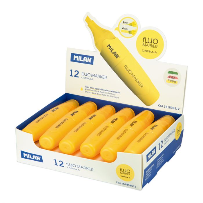 Caja expositora 12 marcadores fluorescentes CAPSULE amarillo • MILAN