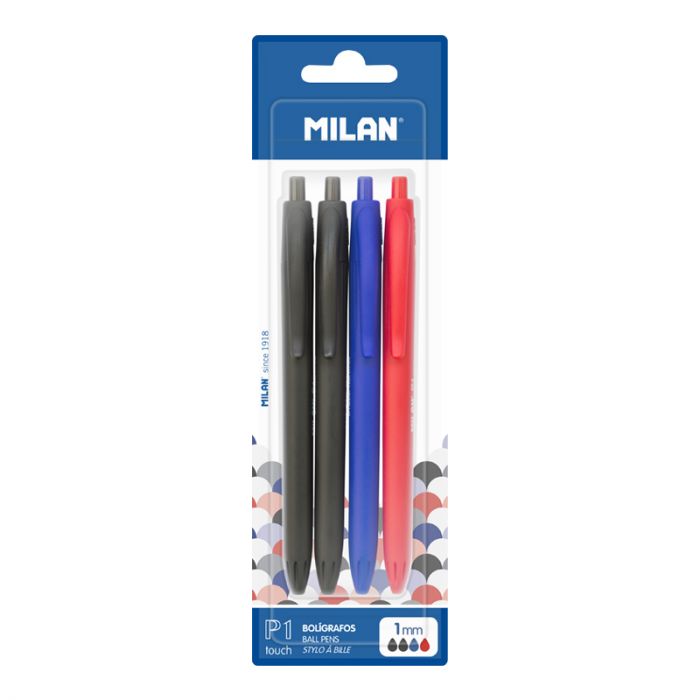 Blister pack 4 assorted P1 touch pens (2 black, 1 blue and 1 red) • MILAN