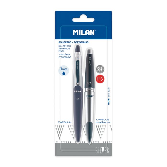 Blister 1 stylo encre bleue + 1 porte-mine 0,5 mm CAPSULE Silver bleu •  MILAN