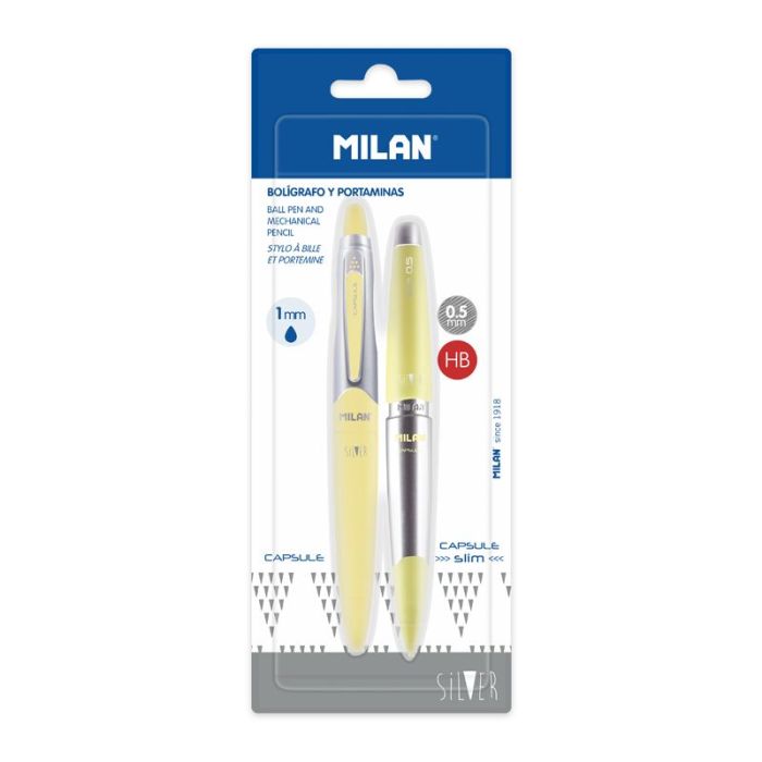 Blister 1 stylo encre bleue + 1 porte-mine 0,5 mm CAPSULE Silver jaune •  MILAN