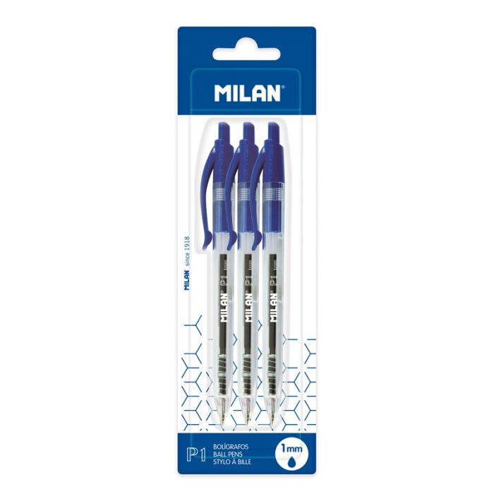 Blíster 3 bolígrafos P1 con cuerpo transparente azul • MILAN