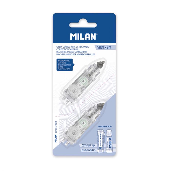 Blíster 2 recambios cinta correctora cilíndrica 5 mm x 6 m (Cilíndrica y  Extension) • MILAN